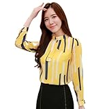 ROYALICA Camisa casual de mezcla de algodón a rayas de color blanco para mujer, Amarillo, L