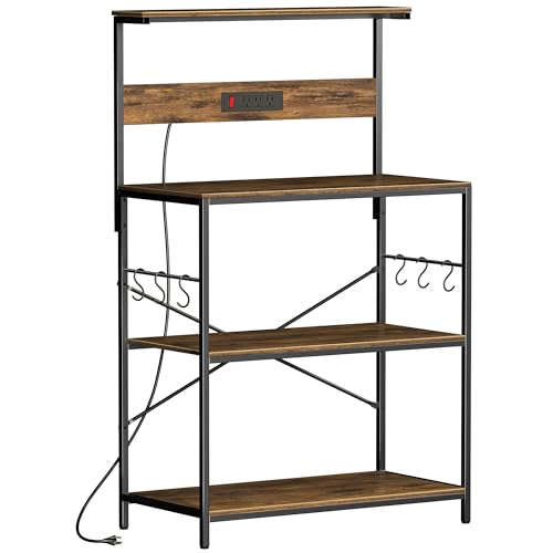 VUSIGN Kitchen Bakers Rack with Power Outlet, 31.5 Inch Coffee Bar Station with 6 S Hooks, 4 Tiers Microwave Stand with Storage, Kitchen Stand for Pots/Pans/Spices, Rustic Brown