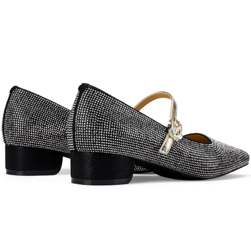 TDD Mary Jane Shoes Women 1 Inch Low Heels Chunky Block Square Toe Dress Pumps Vintage Dressy Strap Comfortable Zapatos Width Buckle Classy Rhinestone Crystal3