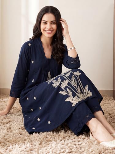Image of INDO ERA Women's Cotton Blend Embroidered Thread Work A-Line Kurta & Palazzo Set | Kurti