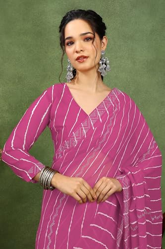 Image of MIRCHI FASHION Saree for Woman Georgette Solid with Satin Stripes | Stone Border Farewell and Ceremonial Sari with Blouse Piece