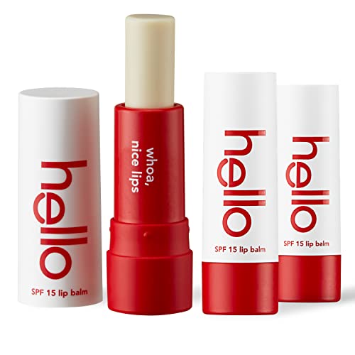 Hello Strawberry Lip Balm Pack for Chapped Lips, Lip Balm with SPF 15, Moisturizing Vegan Lip Balm with Coconut Oil and Olive Oil, No Beeswax, No Petrolatum, No Parabens, 3 Pack, 0.15 OZ Tubes