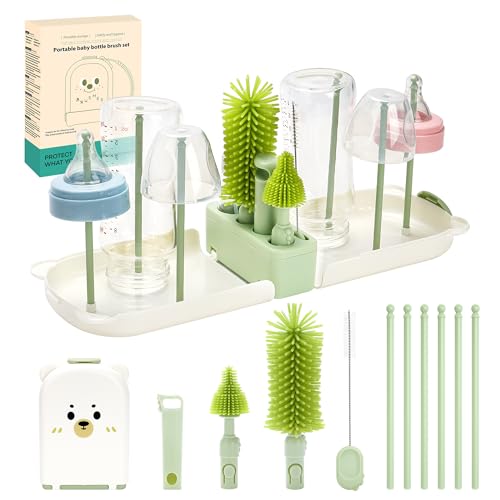 Image of Bottle Cleaner Brush Set, 7 in 1 Bottle Brush Cleaner Baby, Home and Travel Bottle Brush Set Contain Bottle Brush, Nipple Brush, Straw Brush, Storage Box, Soap Dispenser, Bottle Drying Rack