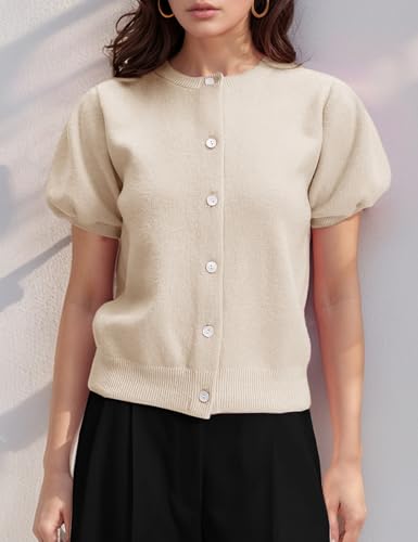 Image of Yimoon Women's Lightweight Puff Short Sleeve Cardigan Sweater | Summer, Y2K, Cropped Knit, Button Up, Blouse Tops