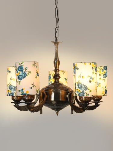 Image of Devansh 05-Light Round Printed Multicolor Cotton Shade Chandelier - Antique Golden Finish | Adjustable Cord | Warm Glow Lamp - Ceiling Light for Living Room, Dining Area, BedroomDecor - D17