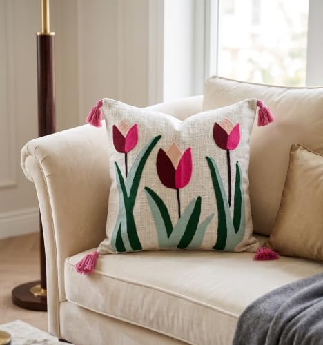 Image of Furnistitchs Handmade Cotton Bohemian Home Decor Cushion Cover 24x24 inches / 60x60 cms - Boho Chic Couch Sofa Throw Living Room Bedroom Cushions (2, Pink Tulips)