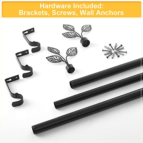 RYB HOME Black Curtain Rod 1 Inch Diameter Adjustable Length 72 to 144 Inch Long Window Drapes Rod Set with Leaf Ends for Room Divider Farmhouse Sliding Glass Door, Matte Black