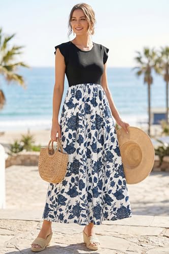 Image of OUGES Women's Maternity Dress Summer Ruffle Sleeve Patchwork Casual Flowy Maxi Dresses with Pockets