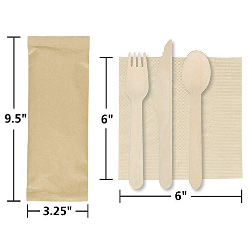 6" x 6" Individually Bagged Kraft Napkin with Wood Cutlery, 500 ct