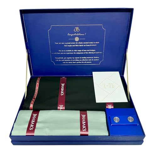 Image of JHABAK'S Men's 100% Pure Cotton Unstitched 1.7 Meters Shirt Piece - 3.25 Meters Suit Fabric Set with Cufflinks (Multicolour, All Weather Fabric, Attractive Box)