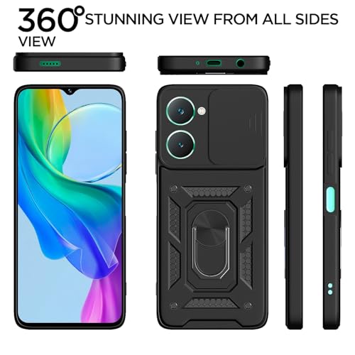Image of Pikkme D10 Tough Armor Bumper Case | 360 Protection Case | Sliding Camera Shield Cover & Ring Holder Stand Back Cover for iQOO Z9 Lite 5G / Vivo T3 Lite 5G / Vivo Y18 / Y18e / Y03 (Black)
