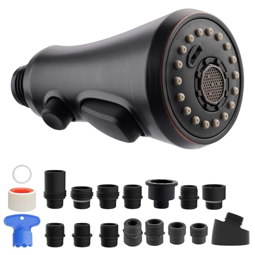 Hibbent Pull Down Kitchen Faucet Head Replacement, NSF/ANSI/CAN 61 & CUPC Certified 3-Function Sink Spray Nozzle with 15 Adapters Compatible with Moen, Delta, Kohler Faucets - Oil-Rubbed Bro