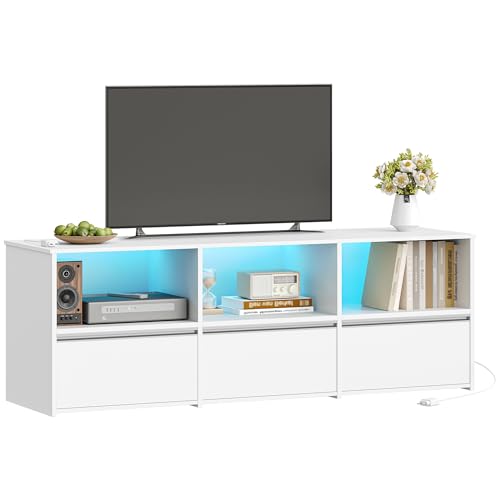Hzuaneri TV-Schrank, Lowboard für Fernseher bis zu 65 Zoll mit RGB LED Beleuchtung (25 Farben), 143,5 lang, TV Board mit 3 Schubladen, 3 offenen Fächern für Wohnzimmer, Schlafzimmer, Weiß TV16503WEU