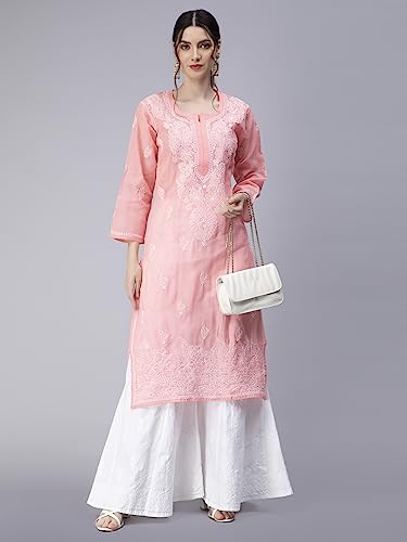 Image of Seva Chikan Hand Embroidered Lucknowi Chikankari Cotton Kurta Kurti for Women SCL4316