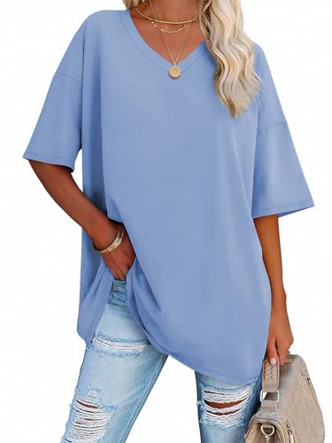Image of ATHMILE Womens Oversized Shirts V Neck Plus Size Spring Workout Summer Tops Beach Vacation 2026 Gym Clothes Basic Tee