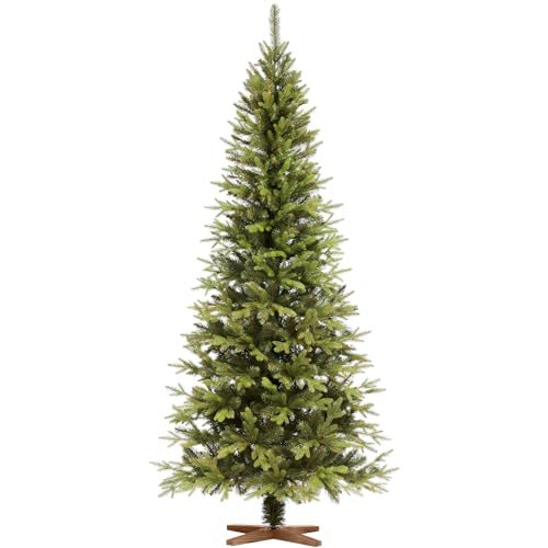 FAIRYTREES Árvore de Natal, Nordmann Premium 220 cm, elementos naturais moldados por injeção, feito na UE, árvore de Natal com suporte de madeira de freio feito à mão