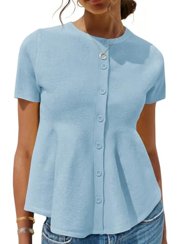 Image of Saodimallsu Womens Short Sleeve Cardigans Ruffle Button Down Crew Neck Peplum Babydoll Knit Sweater Tops