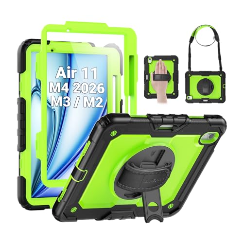 Image of SEYMAC Case for iPad Air 11 Inch M4 / M3 / M2 (2026 /2025 / 2024), Heavy Duty Shockproof Protective Case with Screen Protector, 360 Rotating Stand and Hand /Shoulder Strap, Green