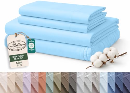 Image of ROYALE LINENS 100% Organic Cotton Full Sheet Set - 16 inch Deep Pocket Bed Sheets - Lake Blue Bed Sheets - Sabanas Full - 1 Flat, 1 Fitted & 2 Pillowcases - Lake Blue Sheet Set - Cotton Bedding Sets