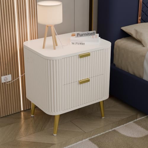 Image of Premium HDMR Wood Bedside Table with 1 Drawer & Open Storage Shelf, Fluted Nightstand with Golden Legs for Bedroom, Modern End Table, for Living Room, White Finish (18 x 14 x 18 Inch)