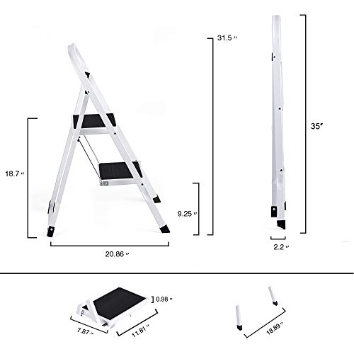Delxo 2 Step Stool,2 Step Folding Step Stool with Handgrip, Lightweight But Heavy Duty 2 Step Ladder Multi-Use for Household, Kitchen and Office Portable 2 Step Steel Ladder 330lbs White (2 Feet)