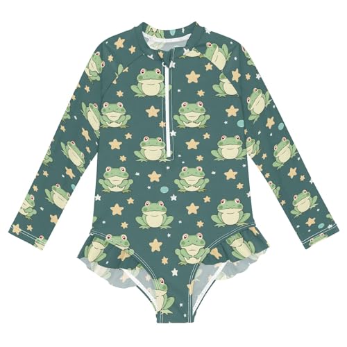 Cute Frog and Stars Girls Long Sleeve Swimsuit Rash Guard One Piece Bathing Suits Zipper 3-12T