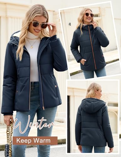 Vancavoo Wintermantel Damen Winterjacke Warm Gefüttert Winterparka Winter Jacket Mäntel Parka Kurzmantel Frauen mit Kapuze,Marineblau,M