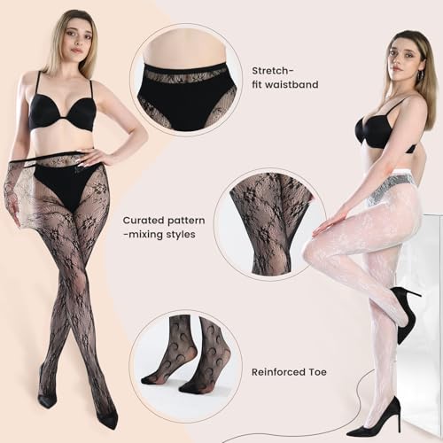 SERAPHY Patterned Tights for Women Black White Lace Tights Floral Fishnet Stockings Pattern Pantyhose Leggings for Halloween3