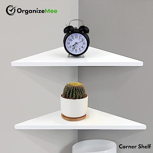 Image of OrganizeMee Corner Shelf for Wall Set of 2, Wall Mounted Metal Corner Shelves for Living Room, Bedroom & Bathroom, Waterproof Powder Coated Alloy Steel Floating Display Shelf, White, 43 x 20 cm