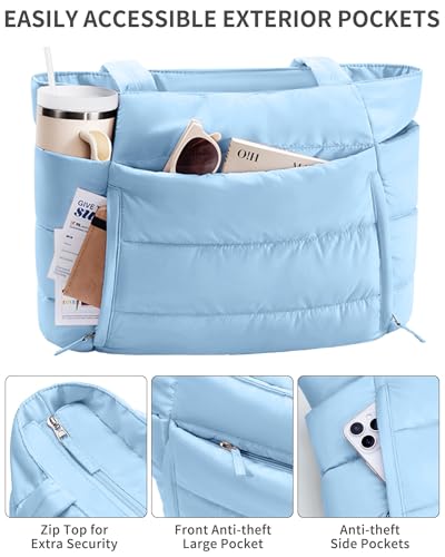 Image of Bagstellar Puffer Tote Bag for Women, Lightweight Puffy Work Handbag Teacher Nurse Quilted Shoulder Bag for School Travel Gym | Cloud Bag w / Zipper