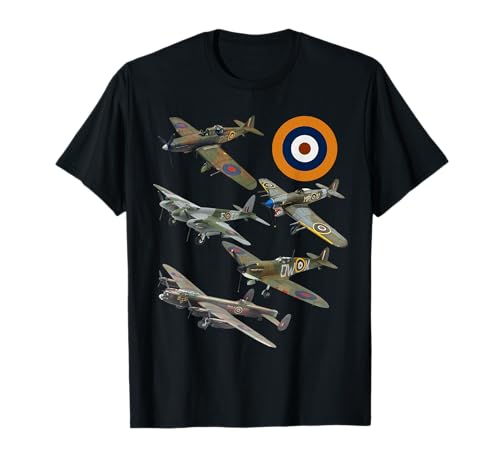 Military F&L Design Co. WW2 British Warplanes Lancaster Hurricane Spitfire Mosquito T-Shirt - Men's Unisex Classic Fit Multicolour Short Sleeve Graphic Tee - Aviation Themed - S