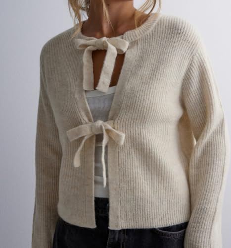 Image of Women Casual Open Front Bow Tie Up Cardigan Sweater Jacket Round Neck Long Sleeve Crop Rib Knit Tops Fall Clothes Apricot