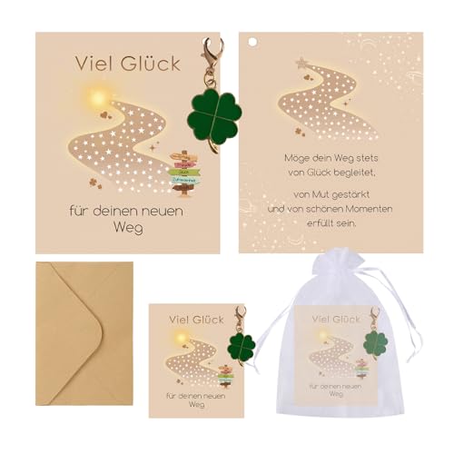 Kleeblatt Glücksbringer mit Karte & Beutel Mutmacher Geschenk zum Abschied Kollegen Abschied Kollegin Prüfung Neuer Job Glücksklee Schlüsselanhänger Viel Glück Karte für neue Wege (Grün)
