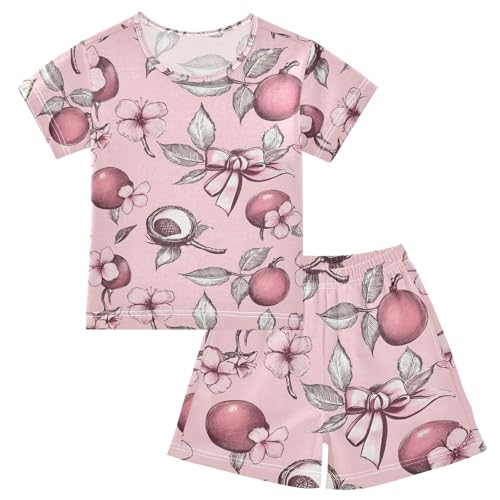 ALAZA Cherry Bow Flower Floral Pajamas Set Short Sleeve Cotton Sleepwear Summer Pjs 2 Piece 5-14Y