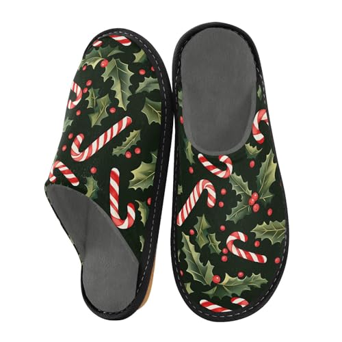 Slippers for Women Candy Cane Holly Leave Pattern Soft Winter Warm Shoes Indoor Outdoor Non-Slip House Travel Slippers