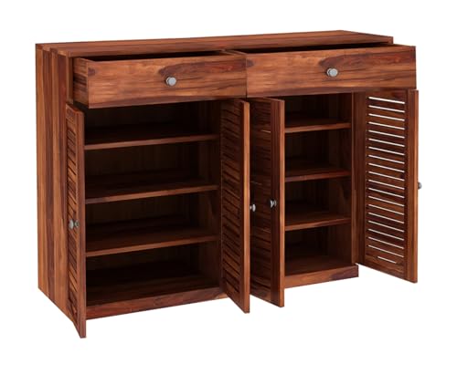 Image of The Attic Lisbon Shoerack Honey, Shoe Storage Cabinet for Home, Shoe Rack with Seat & Door, Shoe Organizer, Shoe Rack for Home, Honey Matte Finish