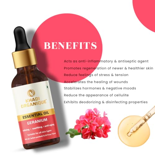 Image of Khadi Organique Pure Geranium Essential Oil for Massage, Relaxation & Aromatherapy | Natural Floral Oil for Diffusers, Meditation, Skin & Hair Care | Helps to Reduce Acne, Dandruff & Stress | 15ml