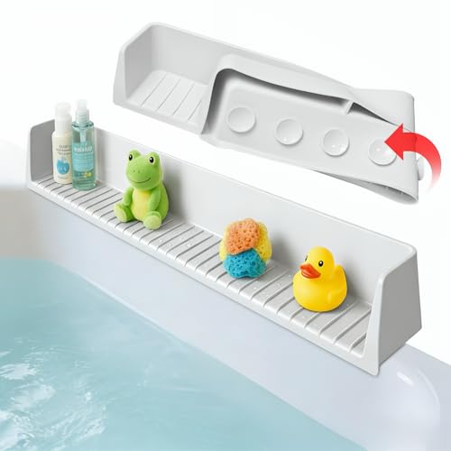 Splash Guard for Bathtub - 11 Strong Suction Cups Silicone Bath Tub Water Guard, Splash Proof Play Shelf for Children Bathing, Keeps Bathroom Floor Dry & Organized, 31.5