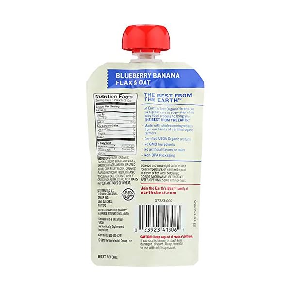 Earth's Best Organic Baby Food Pouches, Stage 2 Wholesome Breakfast Puree for Babies 6 Months and Older, Organic Banana Blueberry and Oat Puree, 3.5 oz Resealable Pouch (Pack of 12)