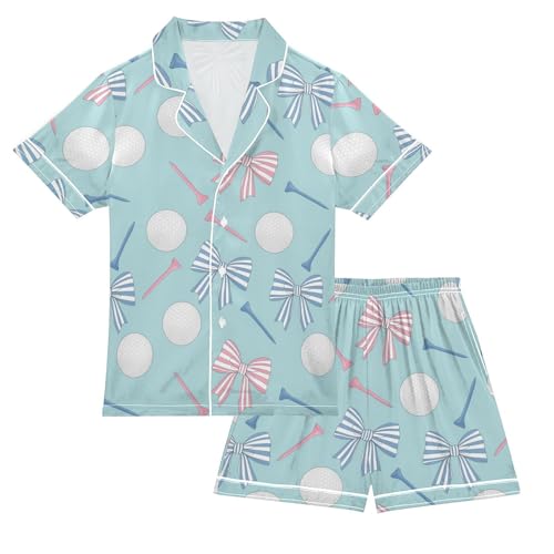 Satin Pajama Sets Short Sleeve Golf Balls Tees Bows Pattern Button Down Silky Nightwear 2 Piece PJS 5-14Y