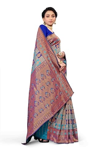 Women's Banarasi Kanjivaram Silk Sarees With Zari Jacquard Work & Blouse Piece - Image 3