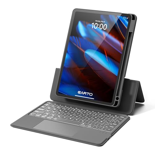 Earto Teclado iPad Pro 11, Backstand Rugged Teclado iPad Air 5/4 con Touchpad, Soporte Ajustable 15°-180°, 7 Colores Retroiluminados, Magnética Extraíble Funda para iPad Pro 11/Air 10.9, Gris