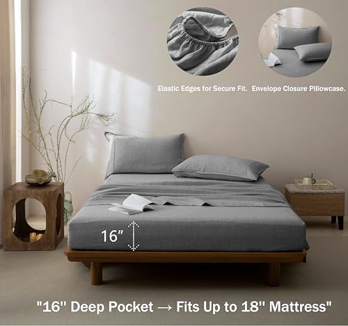 Talasily 100% French Pure Linen Sheets Set King Size,Oeko-TEX Certified Bedding, All-Season Breathable for Hot Sleepers,16 Inch Deep Pocket Machine Washable 4-Piece (Earl Grey)