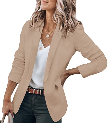 Newffr Womens Casual Blazer Jackets - Open Front Long Sleeve Lapel Collar Work Office Jackets Blazer Summer Outwear Khaki #TOP1