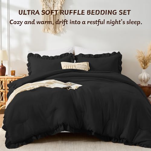 Image of FUANNA King Size Comforter Set Black, 3 Pieces Ruffle King Bedding Set, Fluffy Farmhouse Bed in a Bag King with 1 Lightweight Comforter & 2 Pillowshams