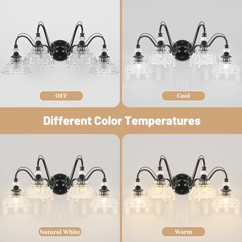 Image of Black Bathroom Vanity Light, 4-Light Matte Black Finish Farmhouse Wall Sconce with Hanging Crystal Accents and Flower-Shaped Clear Glass Shades, Retro Wall Mount Vanity Light Over Mirror for Bathroom