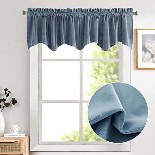 Jinchan Velvet Valance Window Treatments Room Darkening Valance For Windows Scalloped Valance Curtain For Living Room Window Topper Small Window Curtain Rod Pocket 1 Panel 18 Inch Length Slate Blue #TOP29