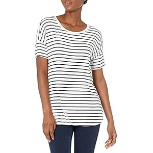 Amazon Essentials Women's Jersey Relaxed-Fit Short-Sleeve Drop-Shoulder Scoopneck Tunic (Previously Daily Ritual), Navy White Stripe, Small