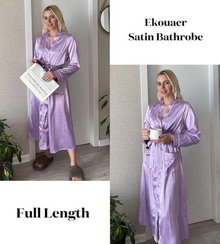 Image of Ekouaer Satin Robes for Women Long Sleeve Silk Bathrobe Soft Lightweight Full Length Sleepwear Bridesmaid Wedding Party Robes