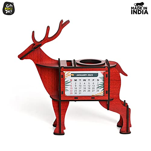 Image of GKD Deer Showpiece & Desk Organizer with Desk Calendar 2024 and Table Clock, 3D Wooden Deer Figurine is Unique Gift and Office Desk Study Table Decoration Items (Eco Friendly Made in India) (Red)